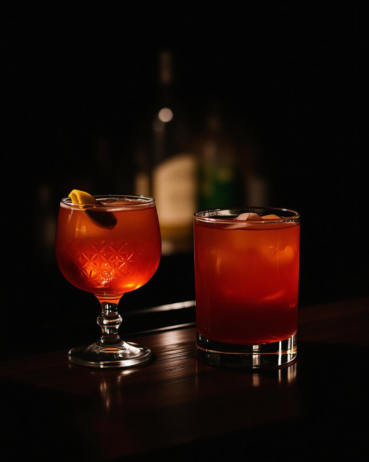 Two craft cocktails on a dark walnut bar in low amber light