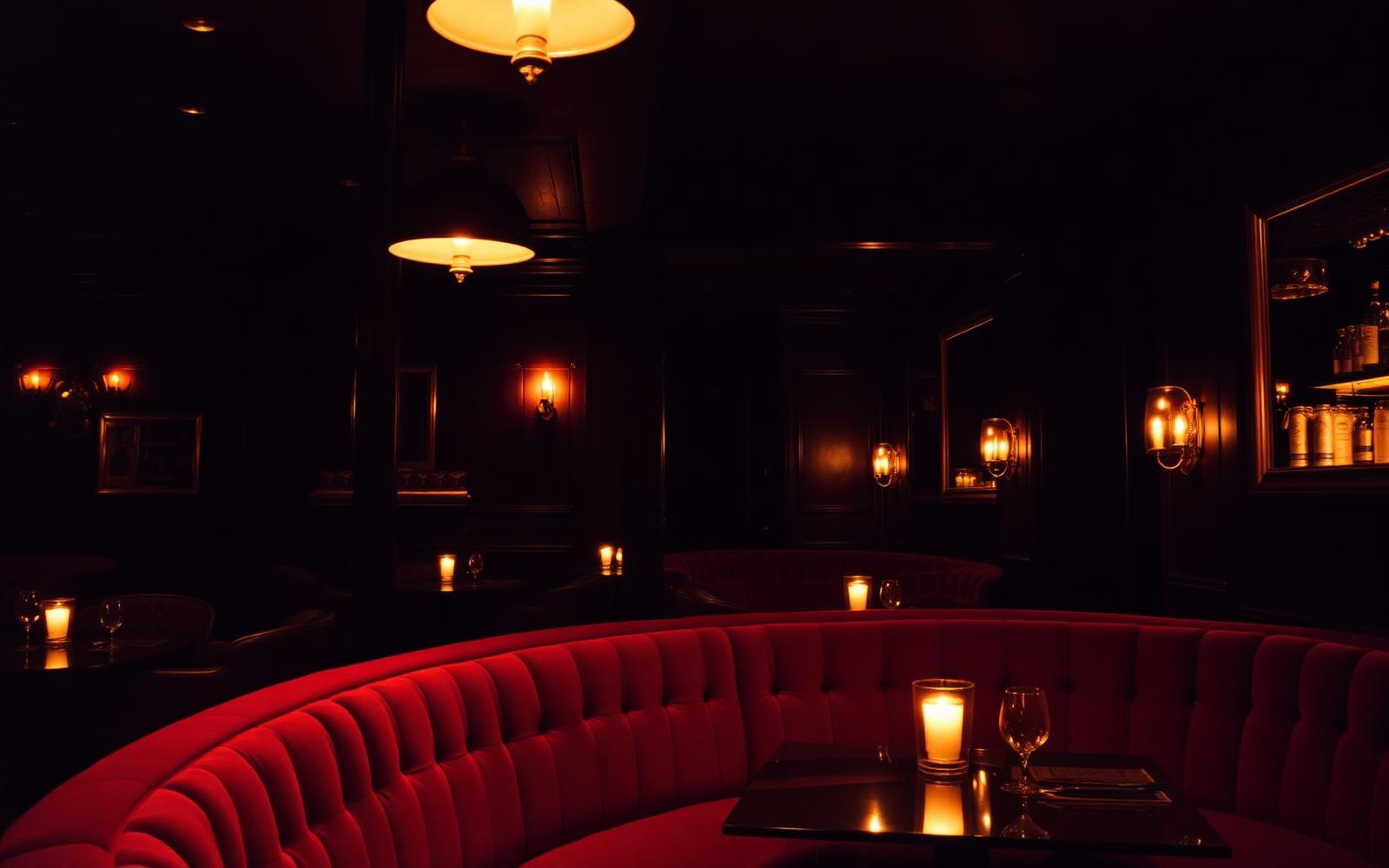 Dark intimate cocktail lounge with a red velvet banquette and candlelight