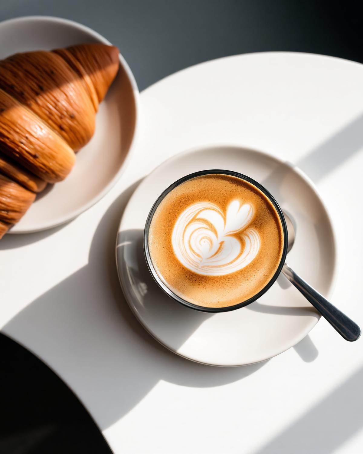 Latte with rosetta latte art beside an almond croissant