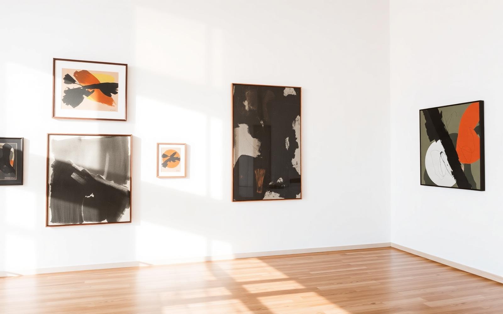 Bright gallery wall with framed abstract works
