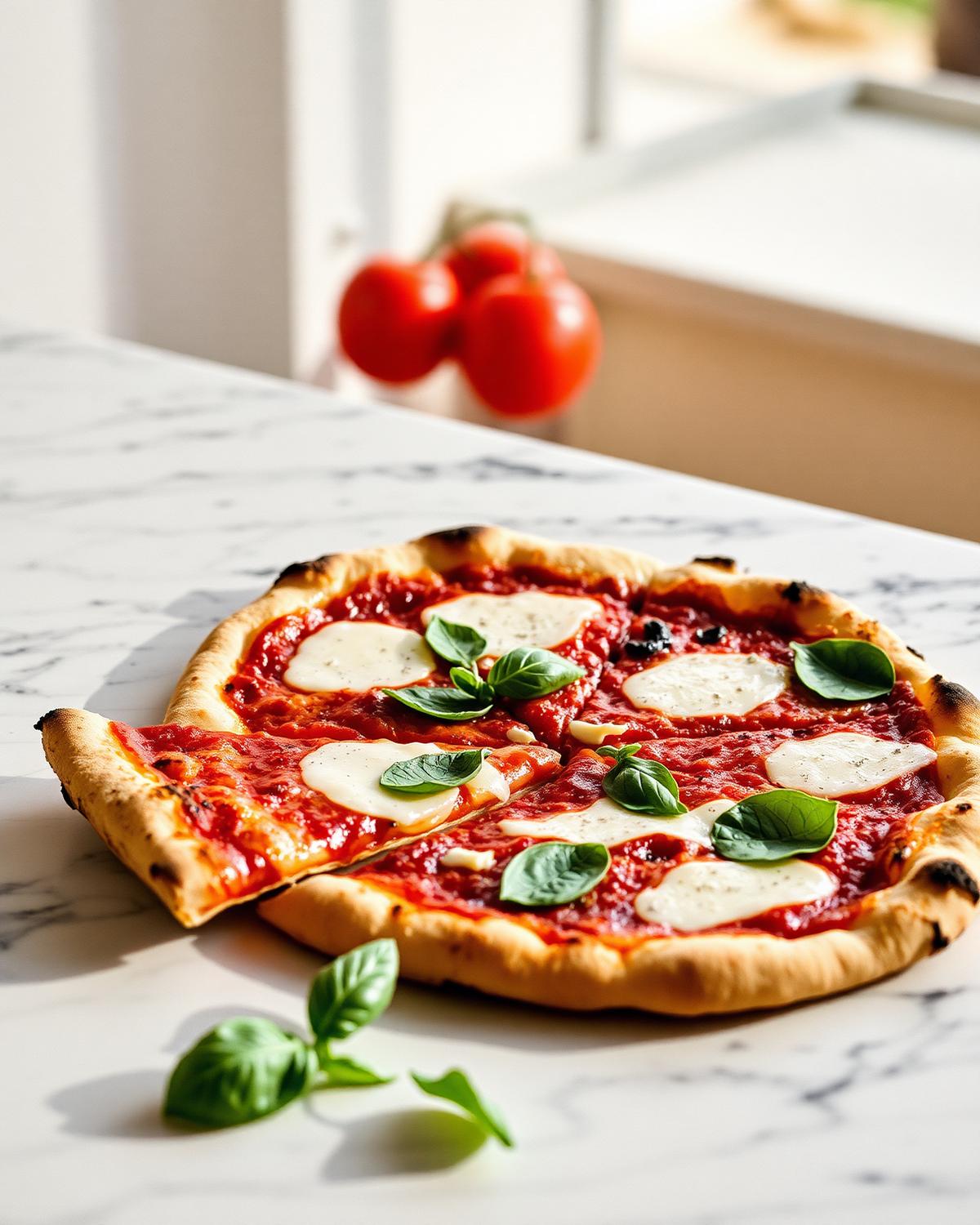 Wood-fired margherita pizza with fresh basil on a marble counter
