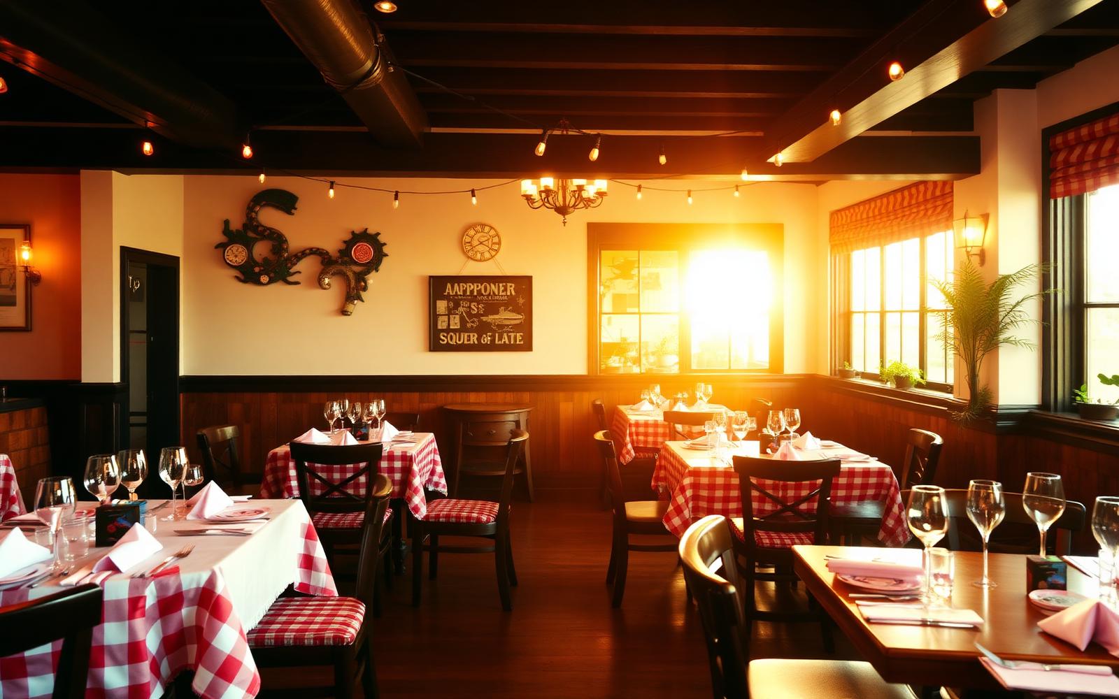 Warm Italian dining room with checkered tablecloths and string lights