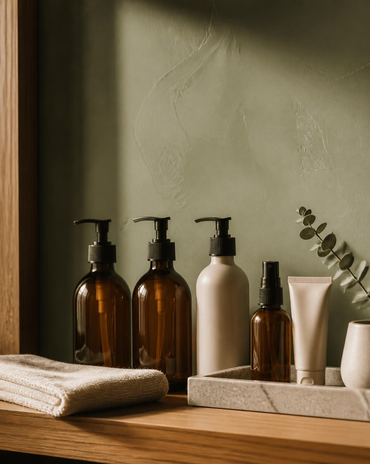 Dark stone shelf with unbranded haircare bottles against a sage green wall