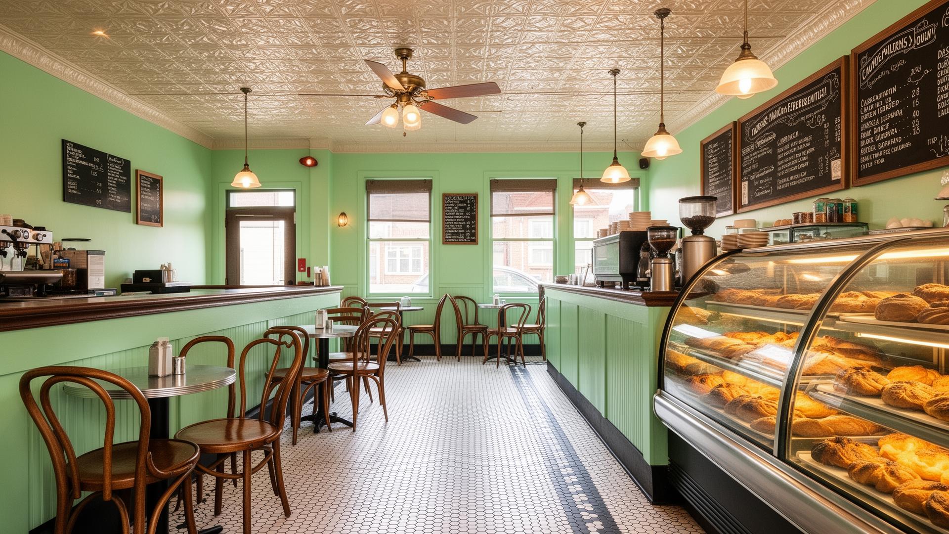 Bright cafe interior with artwork on the walls and cafe seating