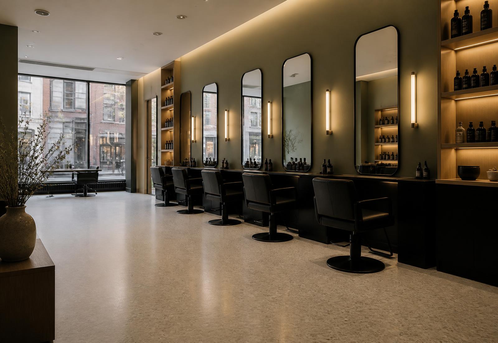 Minimalist salon interior with sage green walls, a round mirror and a black styling chair